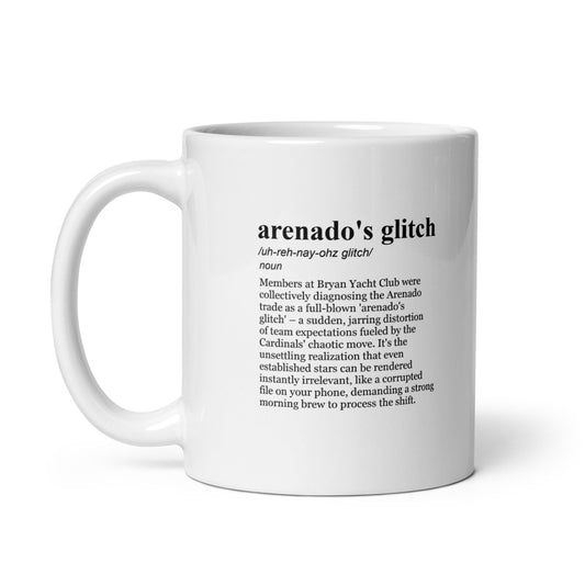 Glossy white ceramic coffee mug, Cardinals Arenado trade.