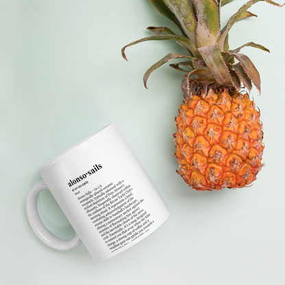 Glossy white ceramic coffee mug - Alonso Orioles Mug, Yacht Club Morning Brew