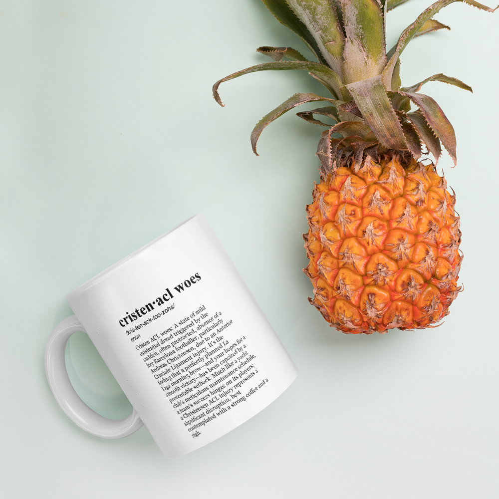 Glossy white ceramic coffee mugs - a reminder for Barcelona soccer mug fans.